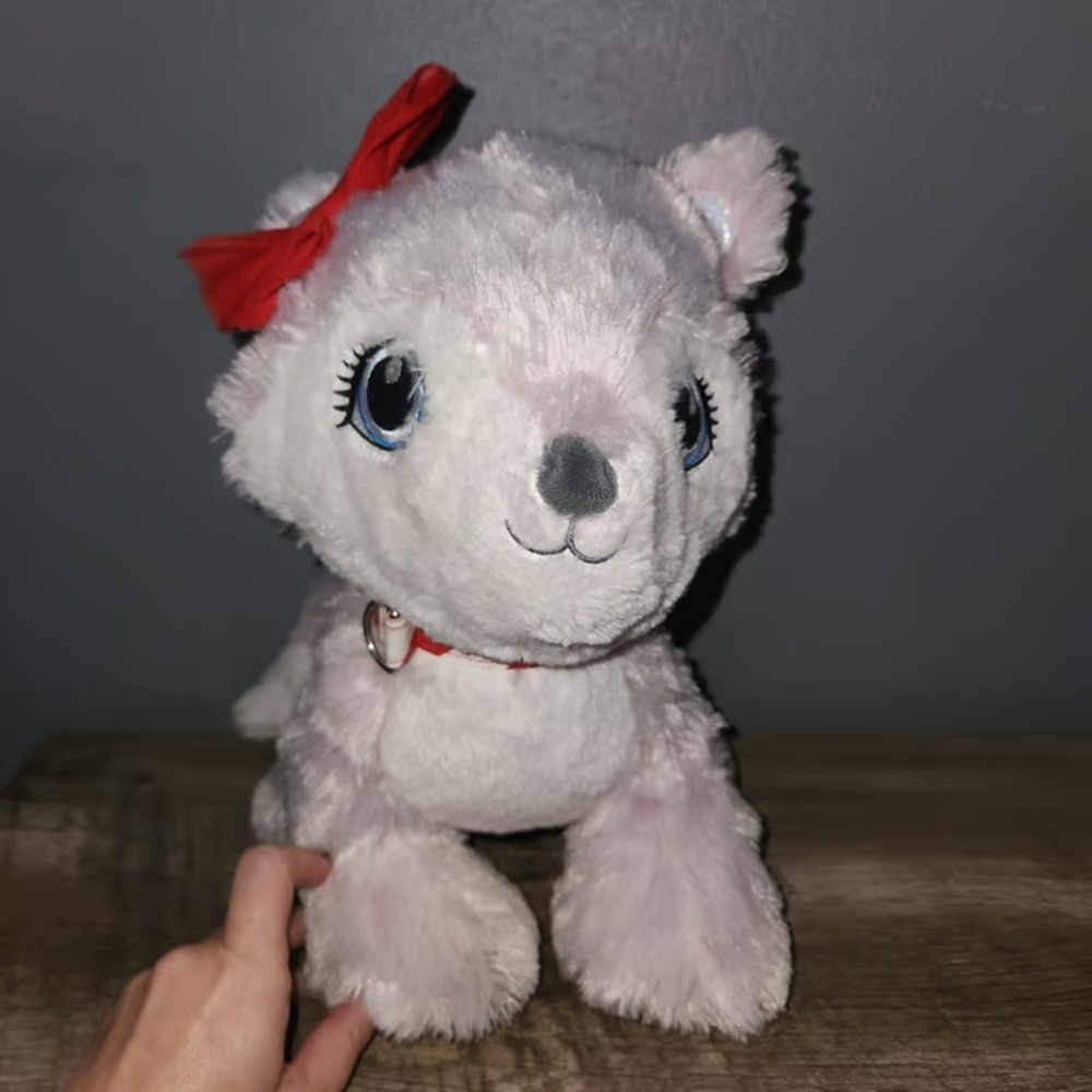 Build-A-Bear Pink White Husky Wolf Plush Red Bow Striped Collar Stuffed Animal
